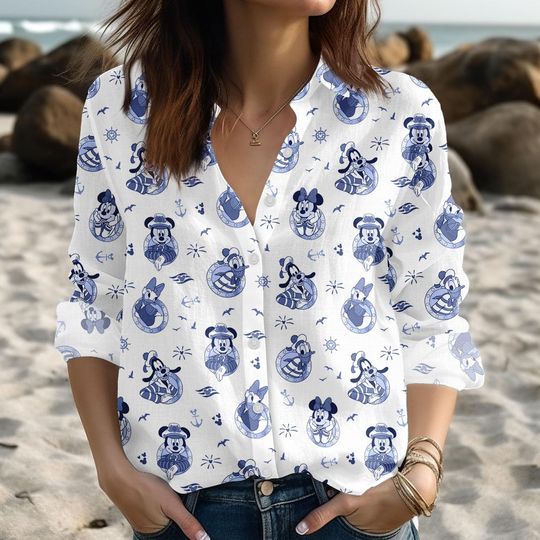 Discover Disney Cruise Women's Blouse with Mickey, Minnie, Pluto, Goofy, Donald, Daisy Print