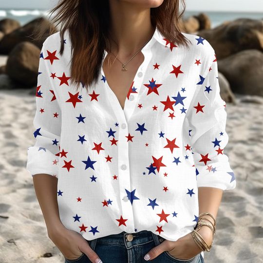 Discover USA Linen-Look Women's Blouse with American Flag, 4th of July Red White Blue Button-Up Shirt