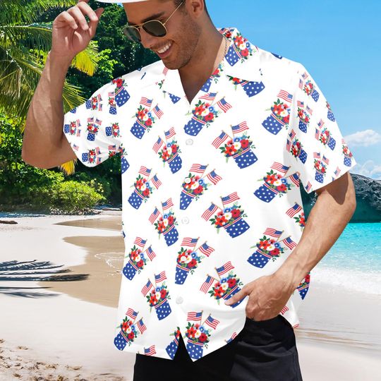 Discover Men's Hawaiian Shirt Red White Blue Celebration Print