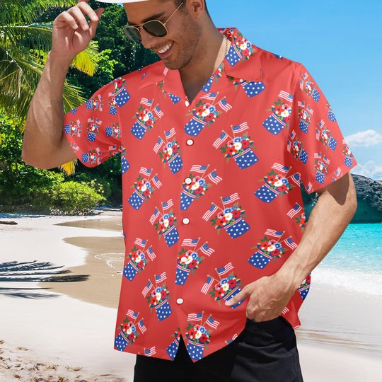 Discover Men's Hawaiian Shirt Red White Blue Floral Print