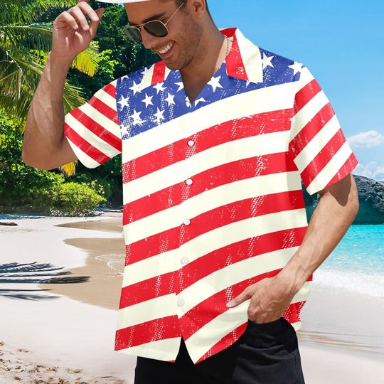 Discover Men's 4th of July All Over Print Hawaiian Shirt Made in USA