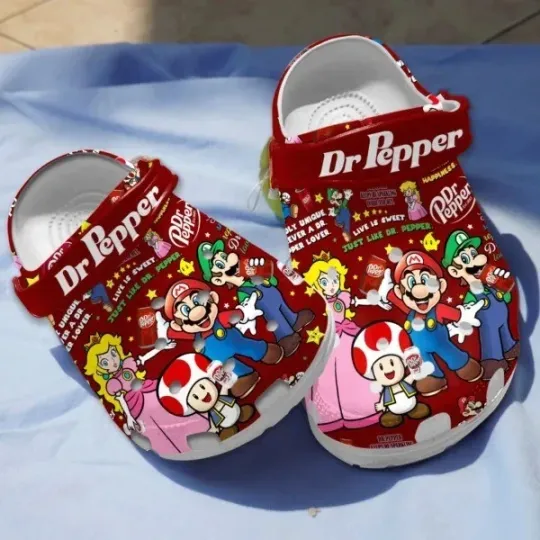 Discover DFG4 Adorable Super Mario Loves Dr.Pepper Red Clogs, Fun And Safe For Outdoor