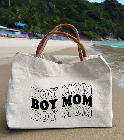 Canvas Tote Bag with Leather Handles - Boy Mama, Mom Life, Boy Mom Gift, Mother’s Day Gift