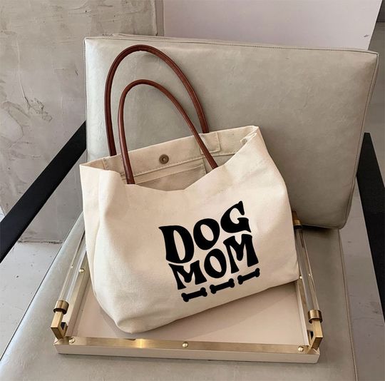 Dog Mom Canvas Tote Bag with Leather Handles - Dog Mom Gift