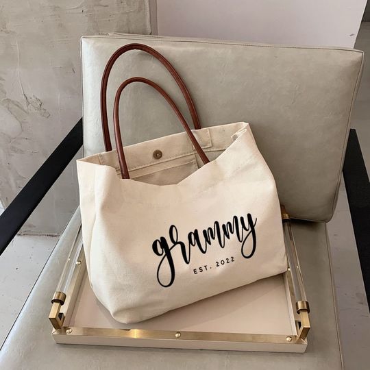 Grammy EST Canvas Tote Bag with Leather Handles - Grandma and Mother's Day Gift, Personalized Gift for Grandma