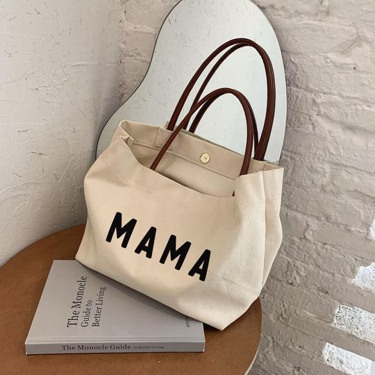 Mothers Day Canvas Tote Bag with Leather Handles for Moms