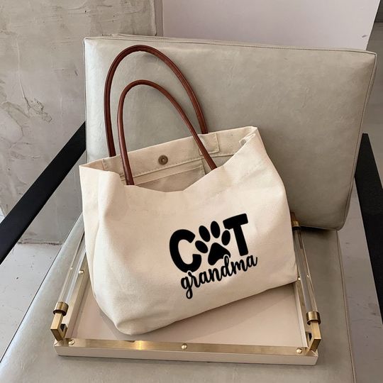 Canvas Tote Bag with Leather Handles – Cat Grandma Gift – Grandma to Be Gift