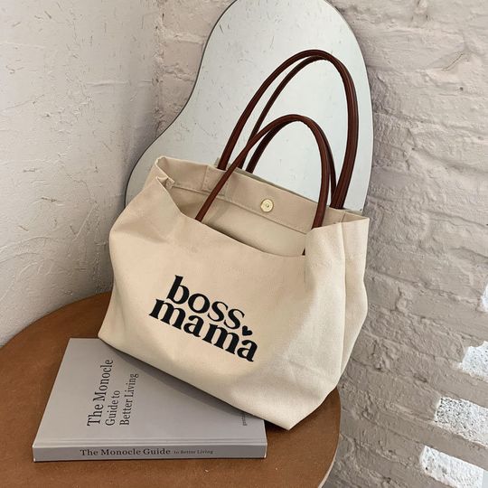 BOSS Mama Canvas Tote Bag with Leather Handles - Mother's Day Gift for Mom