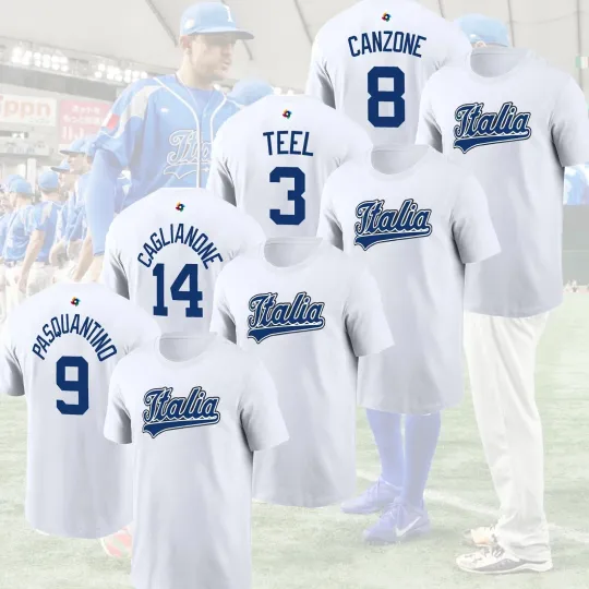 Discover Men's Italy 2026 World Baseball Classic Team Name & Number Players T Shirt White