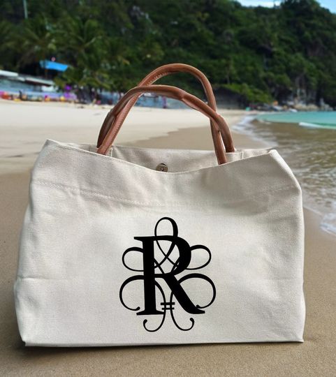 Personalized Monogram Canvas Tote Bag with Leather Handles for Beach and Everyday Use