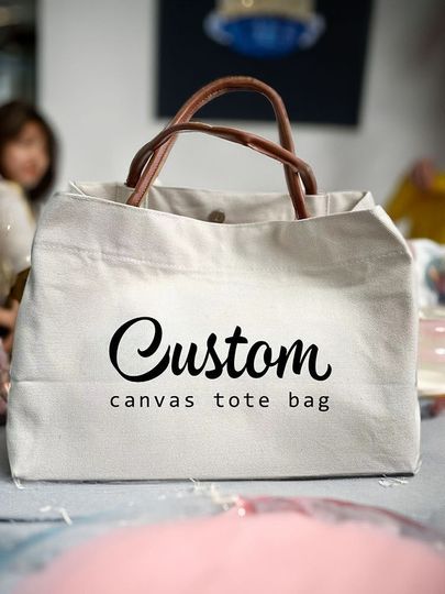 Custom Canvas Tote Bag with Leather Handles - Personalized Logo Bag