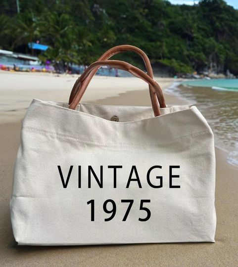 Vintage 1976 Canvas Tote Bag with Leather Handles – 50th Birthday Gift for Women