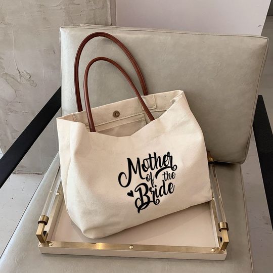 Mother of the Bride Canvas Tote Bag with Leather Handles - Wedding Gift