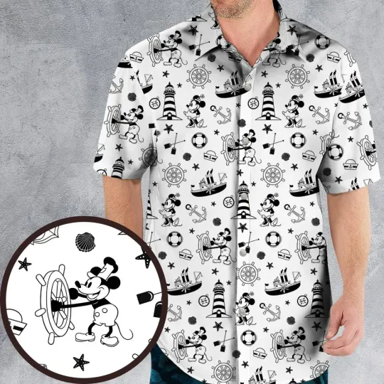 Discover Steamboat Willie pattern Hawaiian Shirt, Button down unisex adults S-5XL