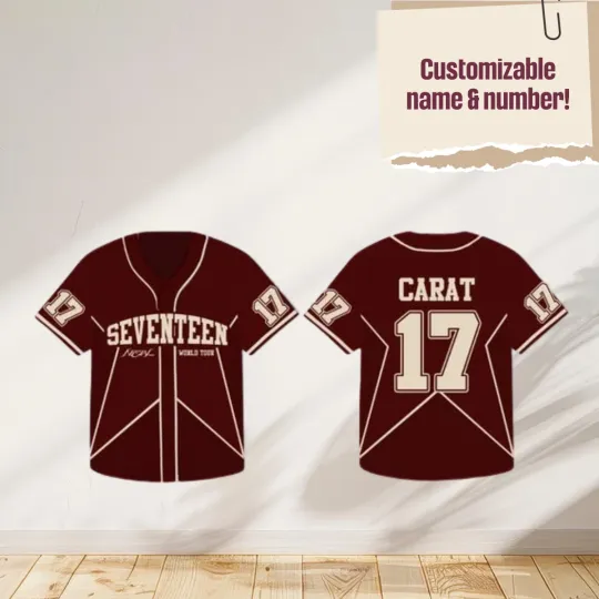 Discover SEVENTEEN Burgundy Baseball Jersey Star Shirt Kpop CARAT Concert Outfit