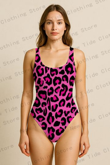Discover Women's Pink Leopard Print One-Piece Swimsuit Sleeveless Slim-Fit Bathing Suit for Beach Summer Vacation Pool Party Outfit