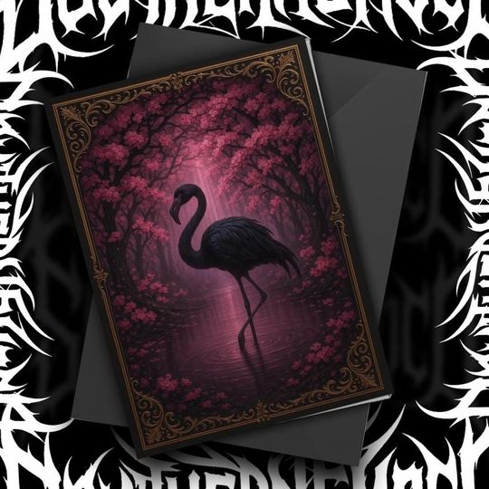 Discover Gothic Black Flamingo Poster with Pink Cherry Blossom and Dark Forest Art