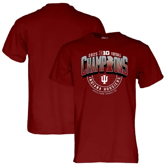 Discover Unisex Blue 84 Crimson Indiana Hoosiers 2025 Big Ten Football Champions Locker T-Shirt