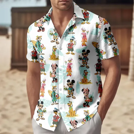 Discover Disney Mickey and Friends Tropical Button Shirt, Mickey Minnie Donald Goofy