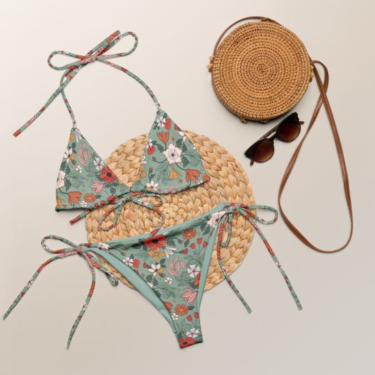 Discover Retro Drawn Green Floral Print Recycled String Bikini / Festival Wear