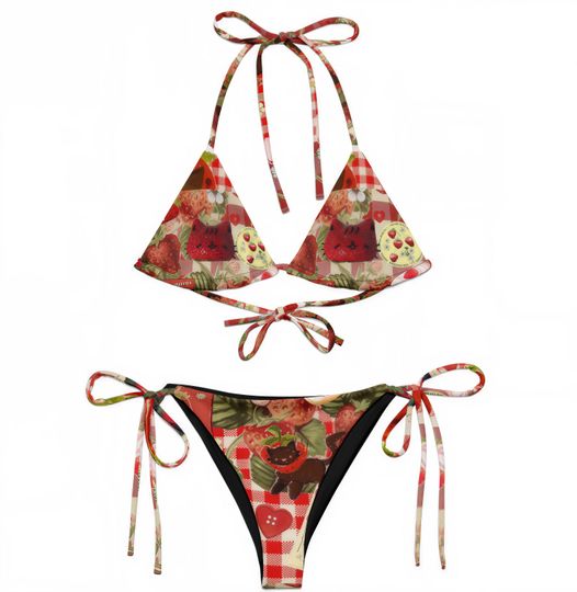 Discover Strawberry Cat Bikini: Kawaii Cottagecore Recycled Fabric Swimsuit