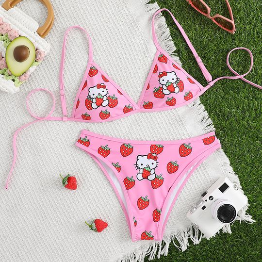 Hello Kitty Strawberry Sling Bikini Swimsuit, Summer Swimwear