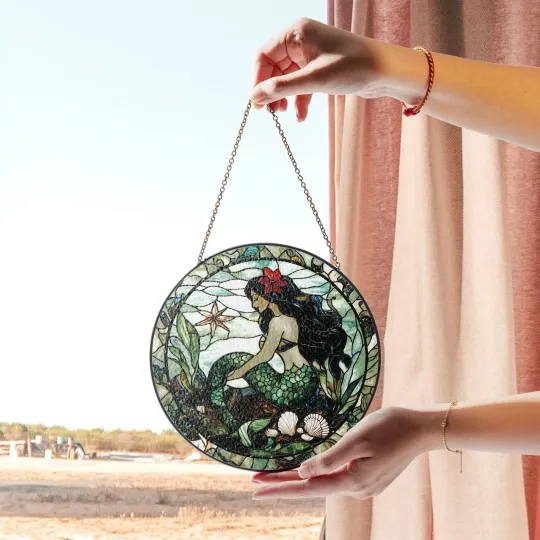Discover Mermaid Stained Glass Suncatcher, Ocean Theme Art, Coastal Window Decor