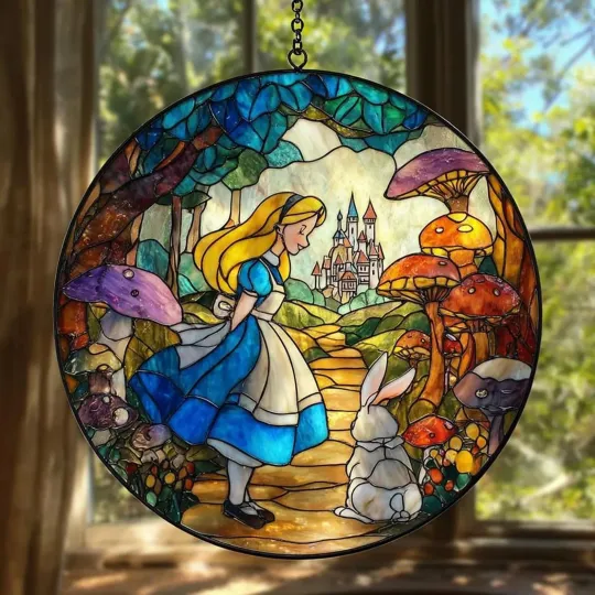 Alice in Wonderland Stained Glass Suncatcher, White Rabbit and Magic Castle