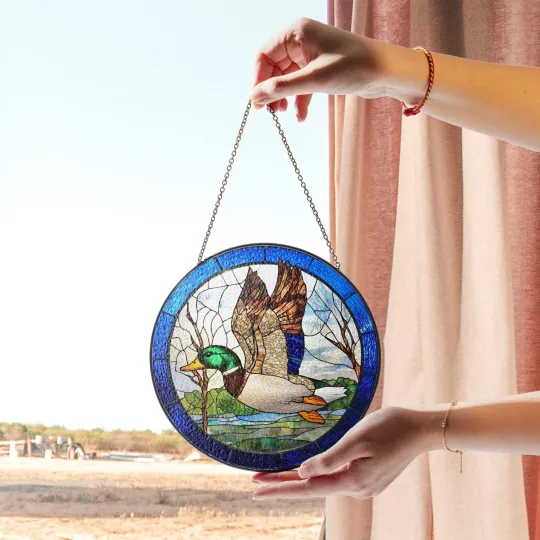 Majestic Mallard Duck Stained Glass Window Panel, Wildlife Art for Home or Cabin