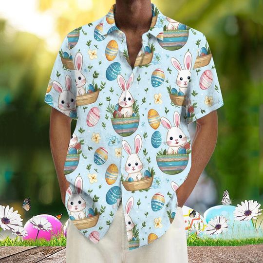 Easter Bunny Hawaiian Shirt, Light Blue Easter Shirt for Men Women, Cute Rabbit Basket Shirt, Spring Holiday Outfit, Easter Gift
