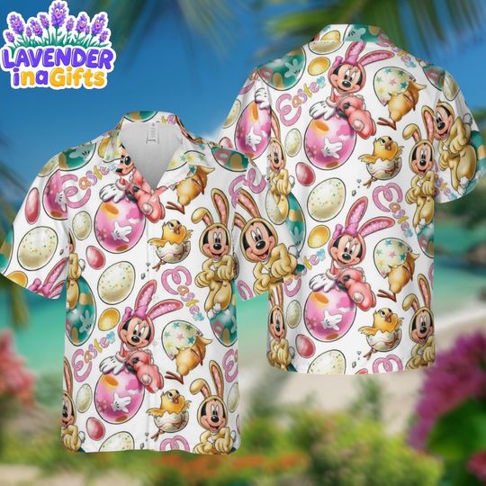 Discover Disney Easter Hawaiian Shirt, Minnie Bunny Easter Aloha Shirt, Disney Spring Vacation Beach Button Up
