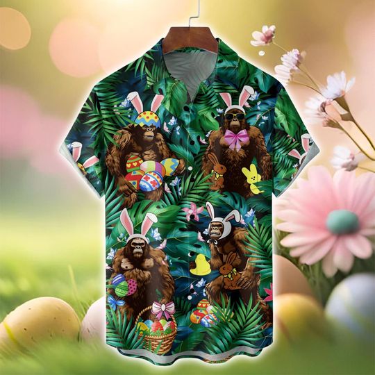 Easter Hawaiian Shirt, Lightweight Breathable Comfort, Bigfoot Bunny Ears Eggs & Tropical Plants Print, Spring Holiday Party Button Down