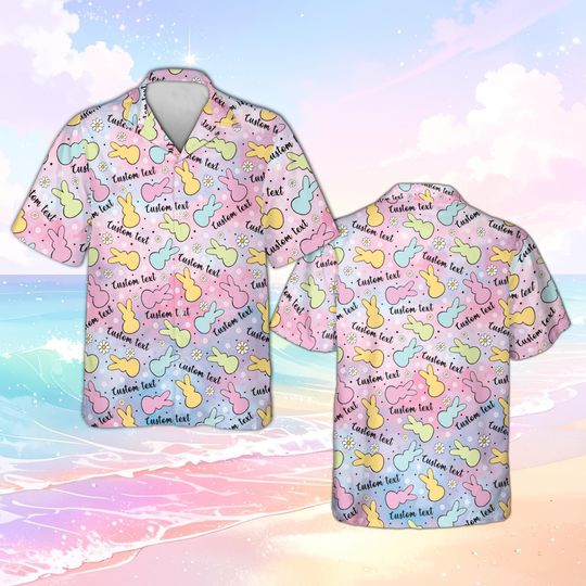 Discover Custom Text Easter Bunny Hawaiian Shirt, Cute Spring Peeps Bunny Shirt, Personalized Pastel Rabbit Pattern, Family Matching GiftShirt