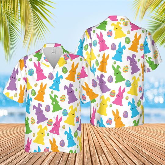 Discover Spring Easter Hawaiian Shirt, Easter Bunny Rabbit Easter Eggs Button Up Shirt, Easter Egg Hunt Shirt, Happy Easter Shirt, Easter Day Gift