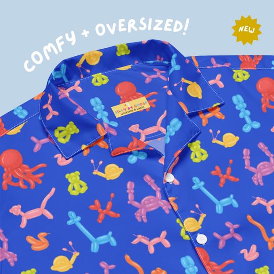 Discover Balloon Animals Button Up | Unisex Oversized Hawaiian Shirt | Clowncore, Kidcore, Novelty Top, Birthday Party, Unique Funny Gift