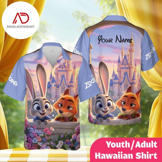 Discover Personalized Cartoon Bunny and Fox Castle Hawaiian Shirt, Custom Name Youth & Adult Aloha Shirt, Cute Vacation Shirt Gift
