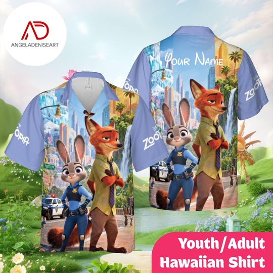 Discover Personalized Cartoon Bunny and Fox City Hawaiian Shirt, Custom Name Youth & Adult Aloha Shirt, Fun Summer Vacation Shirt
