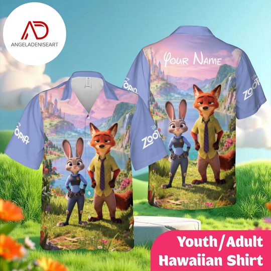 Discover Personalized Bunny and Fox Nature Hawaiian Shirt, Custom Name Youth & Adult Aloha Shirt, Cute Cartoon Summer Shirt