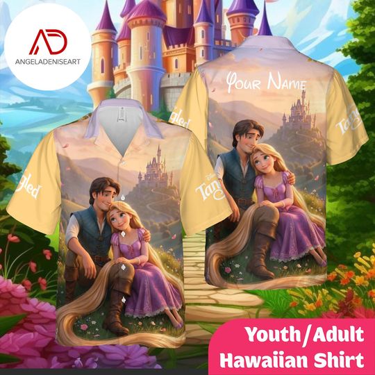 Discover Personalized Fairy Tale Couple Hawaiian Shirt, Custom Name Youth & Adult Aloha Shirt, Romantic Cartoon Castle Summer Shirt