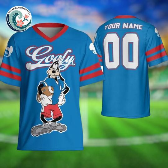 Custom Disney Football Goofy Blue And Red Jersey, Custom Disneyland Jersey, Football Team, Mickey Mouse Birthday, Gift for Disney Fans