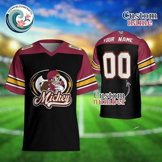 Custom Mickey Football Jersey  Personalized Disney Team Shirt | Burgundy and Black Mickey Mouse Sports Jersey for Adults, Kids & Fans