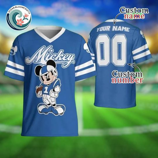 Discover Custom Mickey Football Jersey, Personalized Name Number Shirt, Blue Football Jersey, Disney Fan Gift, Unisex Sports Jersey