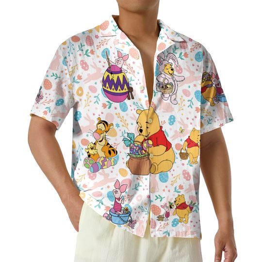 Discover Winnie The Pooh Easter Button Up Shirt, Happy Easter Hawaii Shirt, Pooh Easter Shirt, Pooh And Friends Shirt, Pooh Bear Shirt