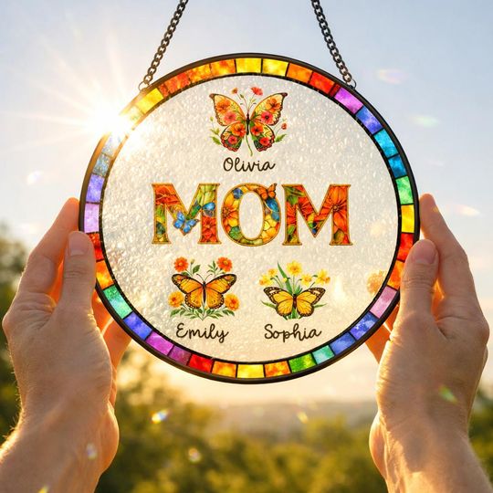 Discover Personalized Mom Glass Suncatcher, Mother's Day Gift for Grandma Nini Mum Nan, Custom Butterfly & Birth Month Flower with Grandkids Names