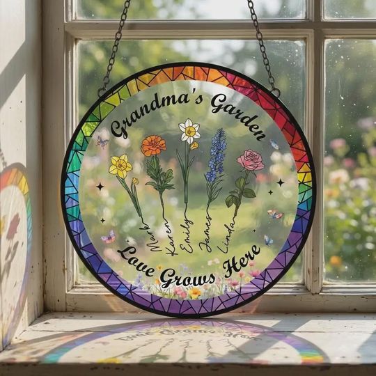 Grandma's Garden Personalized Suncatcher, Custom Birth Flower Window Hanging, Faux Stained Glass Acrylic Art With Names, Mother's Day Gift