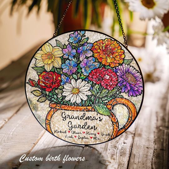 Discover Custom Birth Month Flower Stained Glass Suncatcher, Personalized Grandmas Garden Stained Glass, Birth Month Flowers Gift, Mothers Day Gift