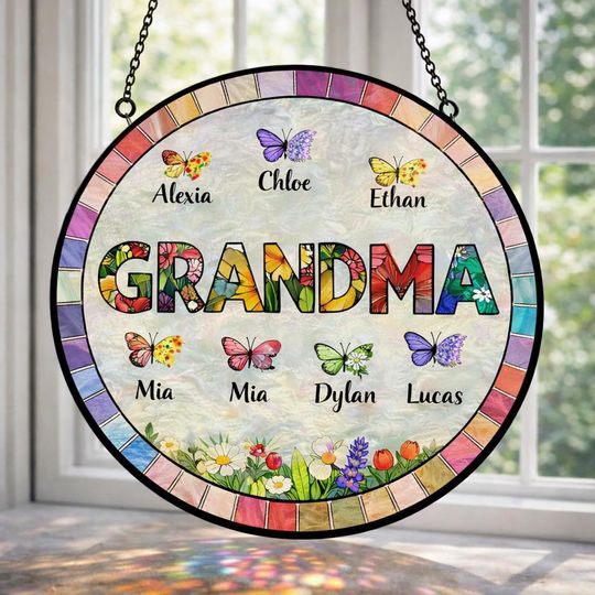 Discover Personalized Grandma Glass Suncatcher, Mother's Day Gift for Grandma, Custom Butterfly & Birth Month Flower with Grandkids Names, Mom Gifts