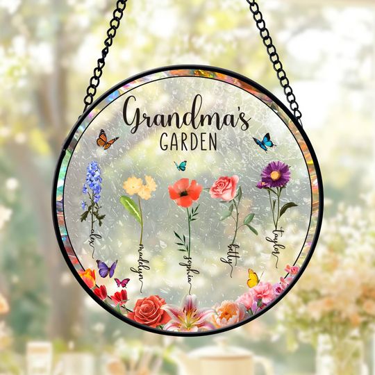 Custom Grandma's Garden Birth Flower Stain Glass Sign, Birth Flower Gift For Grandma With Kids Names Suncatcher, Gift For Mom, Grandma