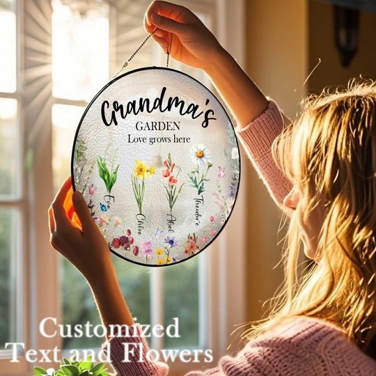 Discover Personalized Grandma's Garden Gift For Grandma, Mother's Day Gift For Grandma, Nana Birth Month Flower Stain Glass Suncatcher, Grandma Gift