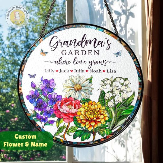 Personalized Grandma's Garden Birth Month Flowers Stain Glass Suncatcher, Custom Name Mother Day Birthday Gift for Nana Mimi From Grandkids